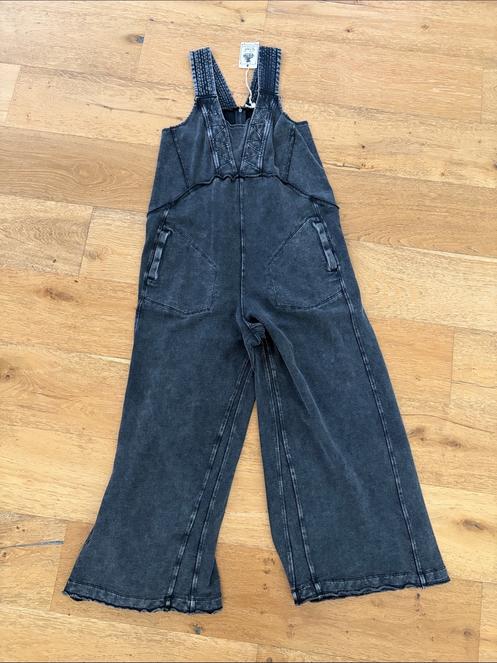 Washed Black Denim Wide-Leg Overalls